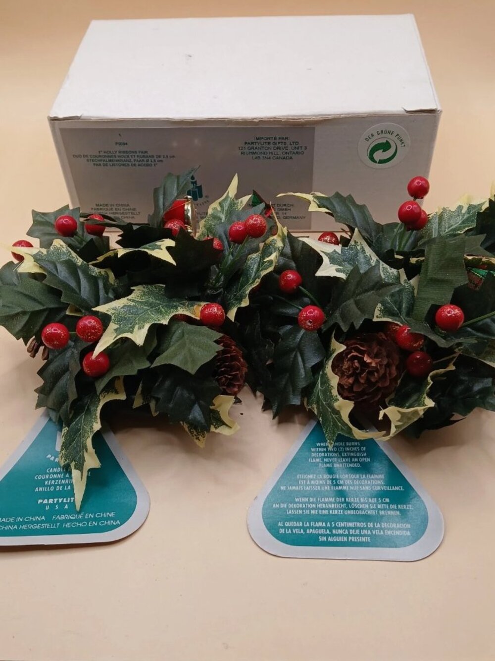 Partylite Holly Candle Rings 1 inch Christmas Decor Pair Holiday New Old Stock